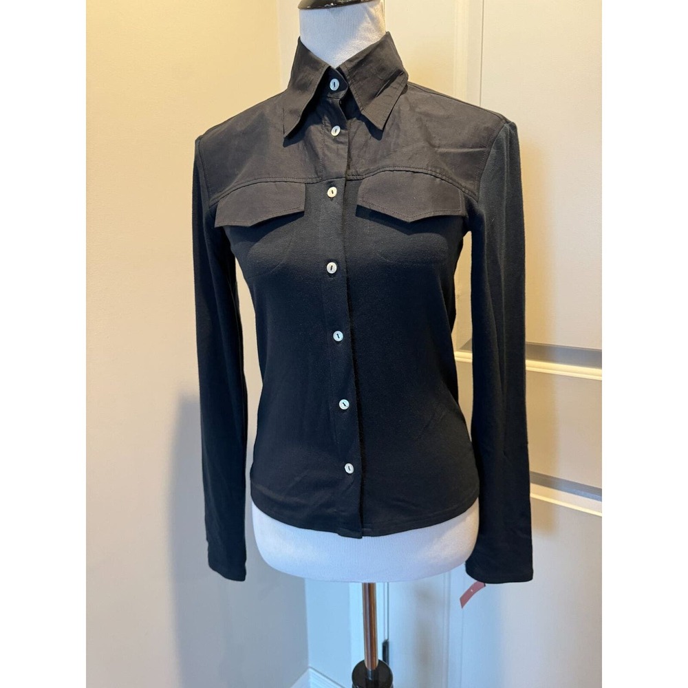 Paola Frani Black Cotton Blend Western Style Shirt SZ 10 Made in Italy Y2K NWT